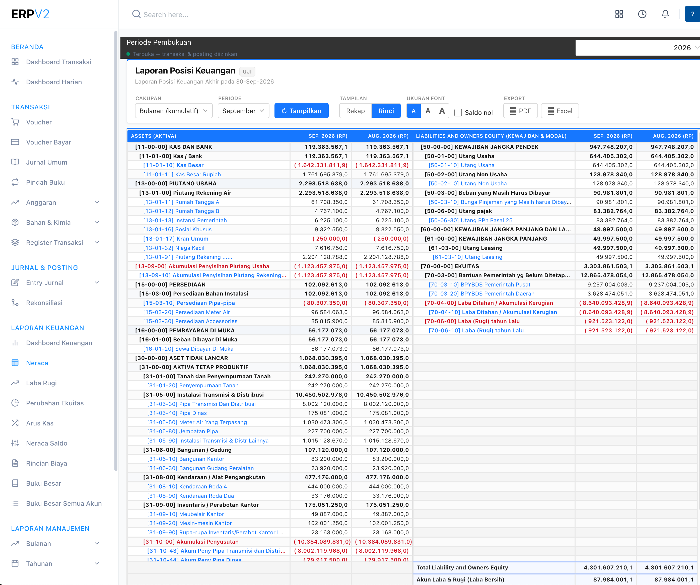 Neraca dengan grid ala Excel — header dan baris Total beku saat digulir.
