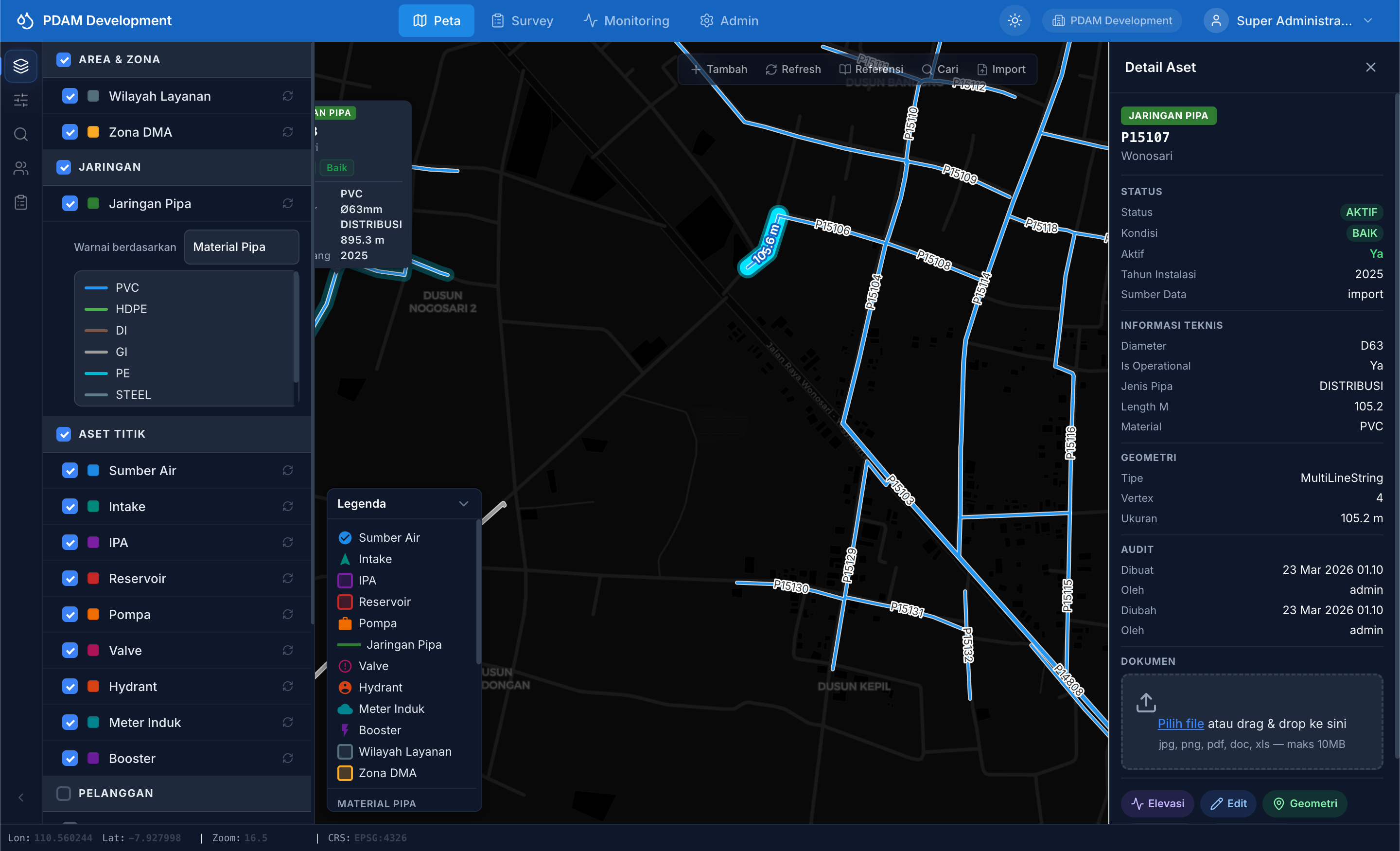 Peta jaringan pipa dan aset pada D-ASSET WebGIS